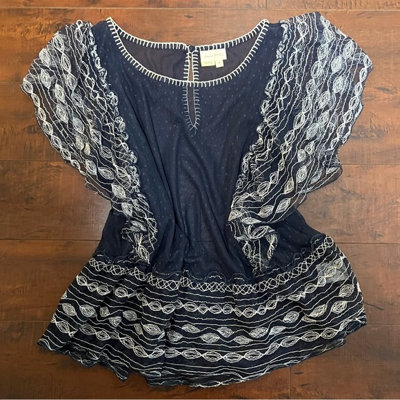 ANTHROPOLOGIE Meadow Rue Sloane Blouse Navy Sheer Dotted Mesh Top Size Large P - Picture 3 of 10